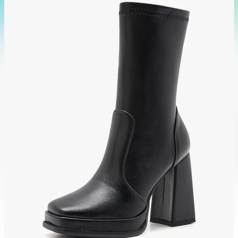 Black Heeled Boots with Chunky Block Heel